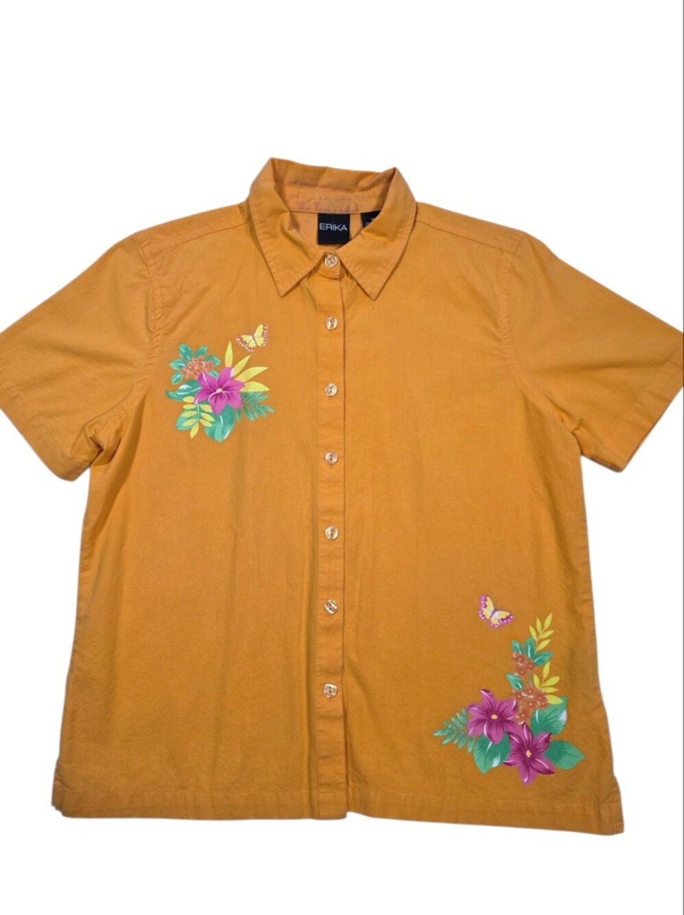 90s ERIKA Button Down Shirt Orange Tropical Floral Print Short Sleeve Boho